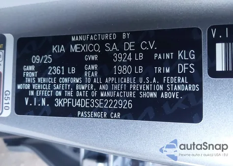 2025 Kia K4 Ex z USA, uszkodzony, nr VIN 3KPFU4DE3SE222926